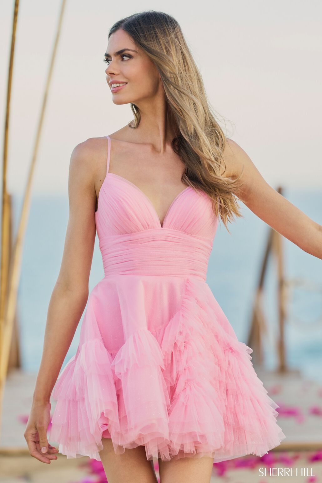 Sherri Hill 55818 short ruffle tulle dress with spaghetti straps, ideal for homecoming, bat mitzvah, or graduation, featuring a fun and playful ruffled skirt.