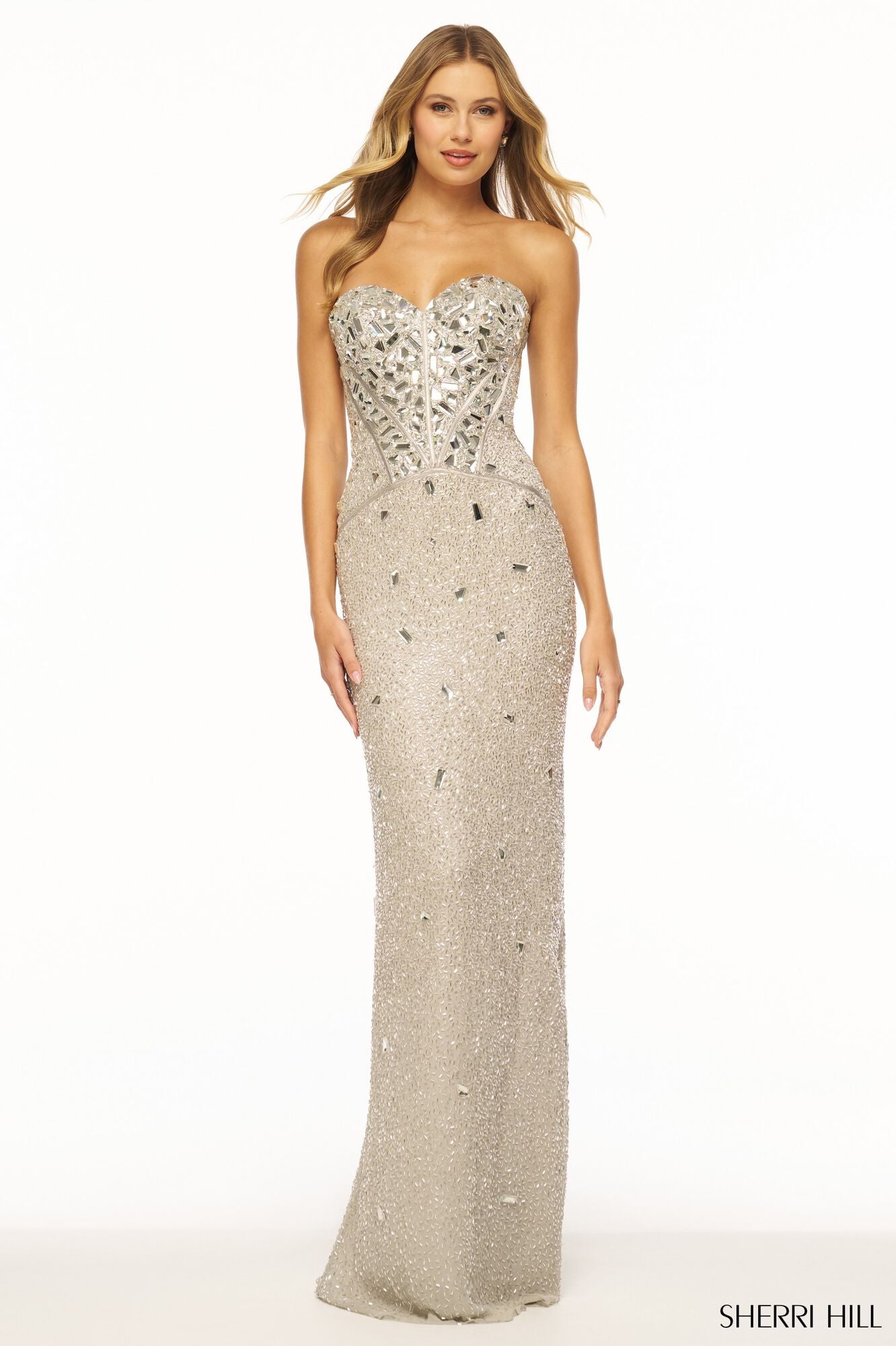 Sherri Hill 56175 Stunning Strapless Liquid Beaded Formal Evening Gown - A breathtaking gown featuring a strapless design, fitted silhouette, and exquisite cut glass embellishments on a liquid beaded fabric. Front View