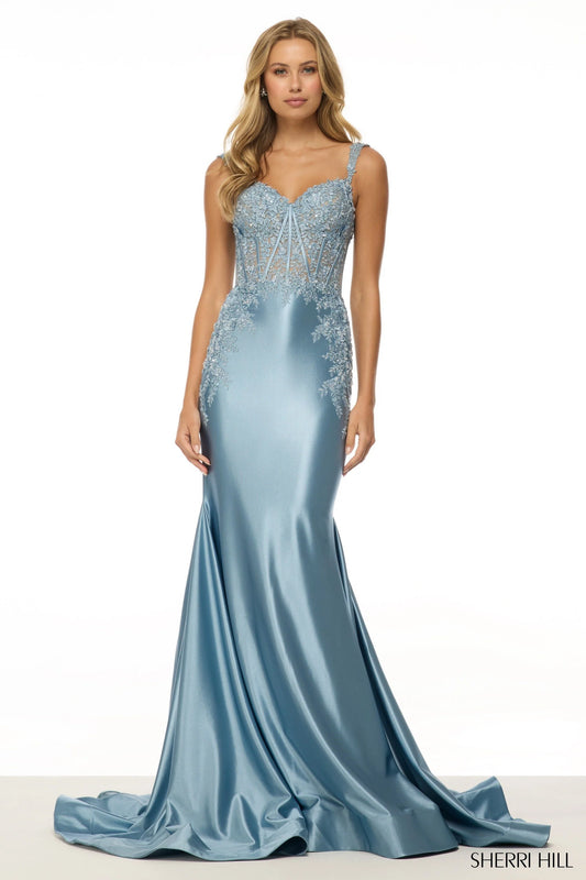 Sherri Hill 57132 Fitted Lace Corset Prom Gown - A stunning gown with a fitted silhouette, lace corset bodice, and floor-length hem, perfect for prom or formal events.