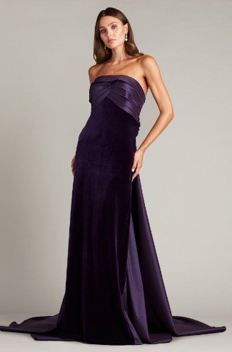 Tadashi Shoji BAL23519L Velvet Strapless Gown, a luxurious gown with back rosette detail and sweep train, perfect for special occasions and mothers of the bride or groom.