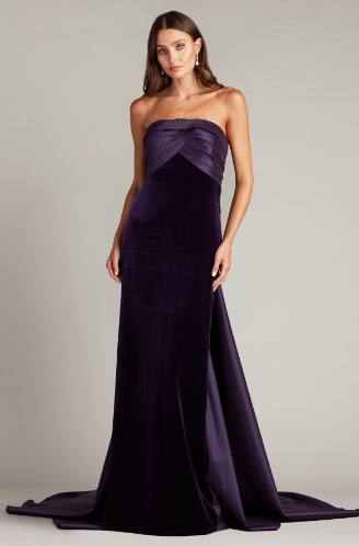 Tadashi Shoji BAL23519L Velvet Strapless Gown, a luxurious gown with back rosette detail and sweep train, perfect for special occasions and mothers of the bride or groom.