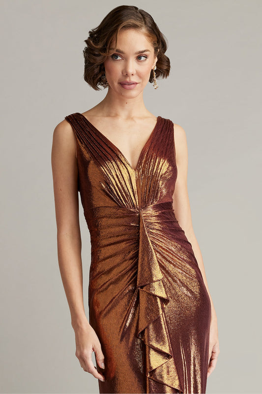 Tadashi Shoji BSJ24432L Metallic Waterfall Drape Gown – A shimmering copper gown featuring a V-neckline, pleating detail, and cascading drape, perfect for evening events.