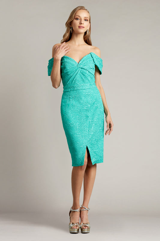 Tadashi Shoji BUA22235M Off-Shoulder Jacquard Dress - Elegant knee-length dress in green jacquard fabric featuring an off-the-shoulder design, front slit, and fitted bodice.