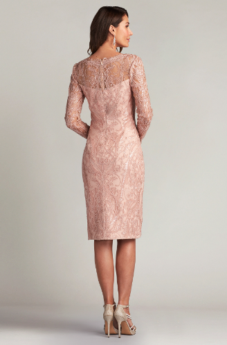 Tadashi Shoji CCA23269M Sparkly Embroidered Cocktail Sheath Dress, a glamorous dress with illusion sleeves and intricate sparkly embroidery, ideal for evening cocktail events.