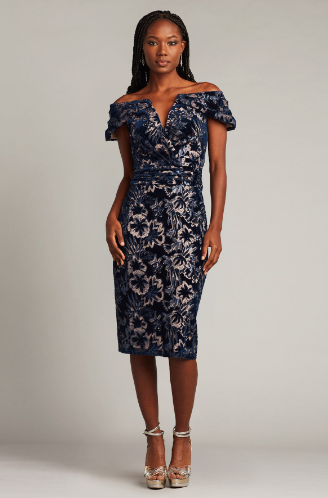 Tadashi Shoji CCG23316M Paillette Floral Devoré Velvet Sheath Dress, an elegant off-the-shoulder dress with floral devoré detailing, ideal for evening cocktail events.