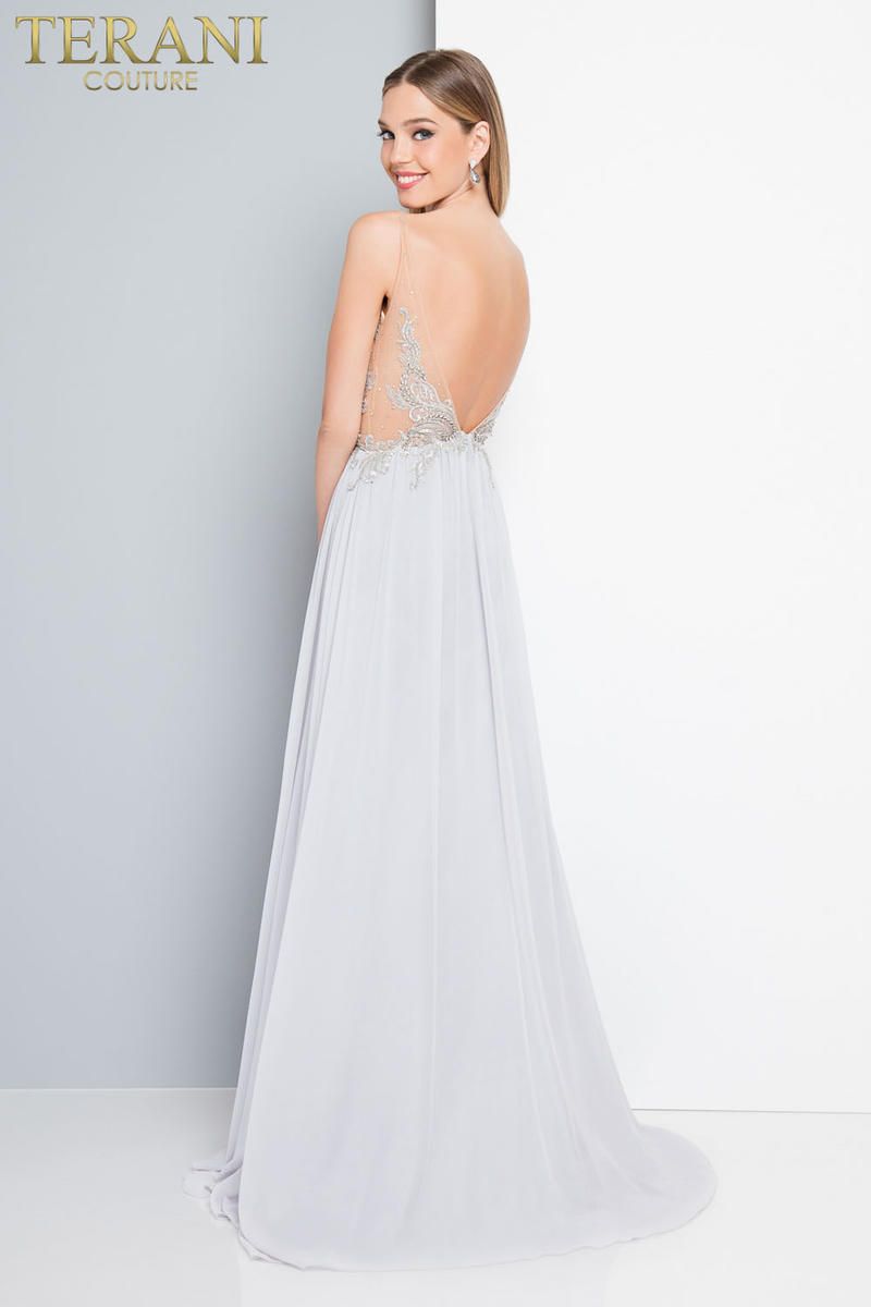 Terani 1812P6297G Evening Gown - Elegant chiffon dress featuring a plunging neckline and intricate embellishments, ideal for prom and formal events.