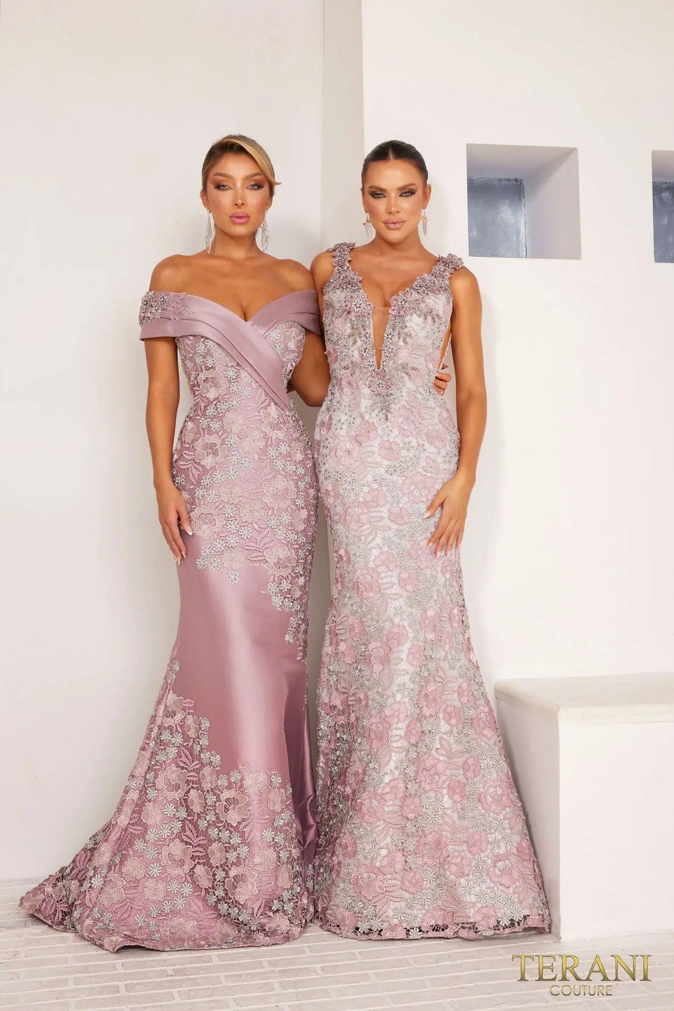 Terani 241E2410 - A sparkling rose floral embroidery trumpet evening gown, perfect for making a sophisticated statement at special events.  The other dress in the picture is Terani 241M2701.