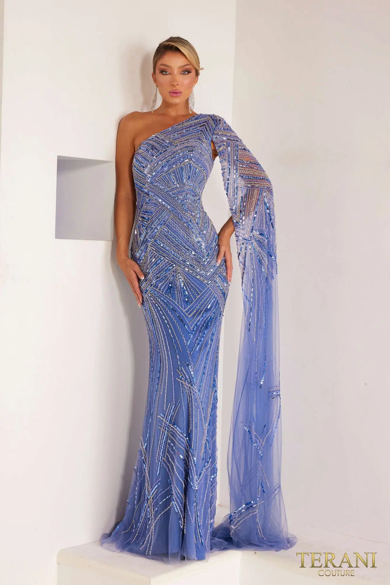 Terani 241GL2634 - An elegant one-shoulder crystal embellished evening formal dress, perfect for adding glamour to any special occasion.  The model is wearing the color slate.