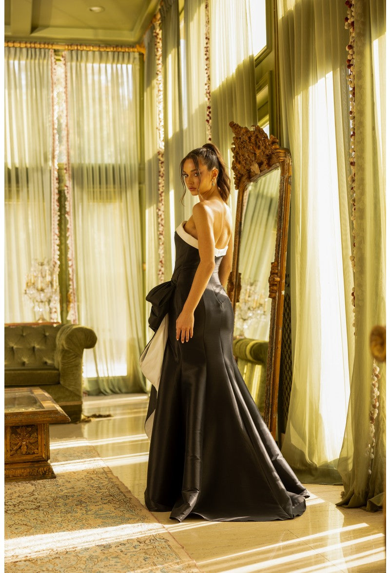 Terani Couture 242E3151 Black and White Evening Gown - A sophisticated gown with a fitted bodice, mermaid skirt, and elegant black and white detailing.