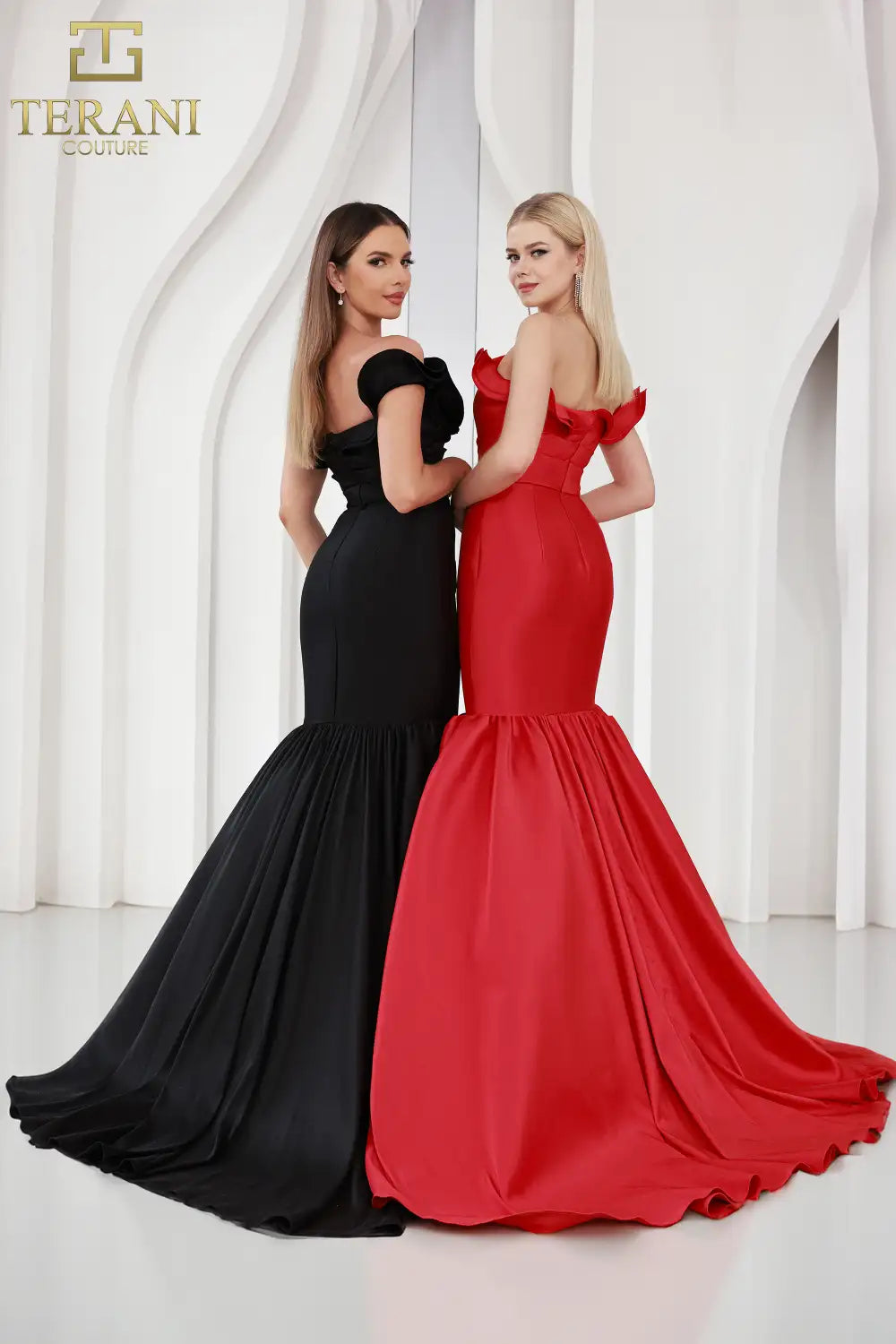 Terani 251E4272 Mikado Trumpet Gown featuring an off-shoulder floral neckline and a dramatic mermaid-style skirt.