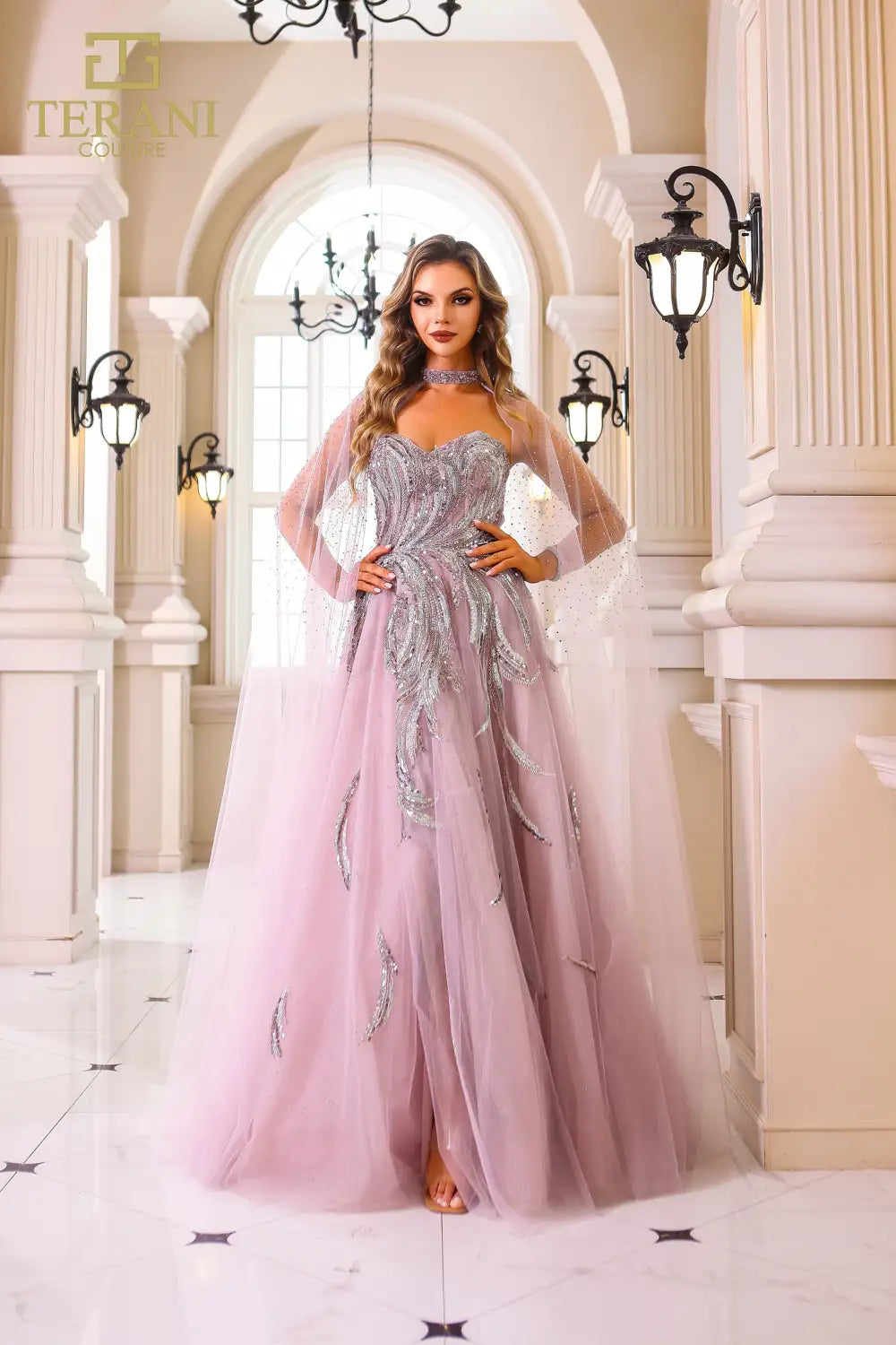 Terani 251M4410 beaded tulle ballgown with a cape overlay, perfect for formal evening occasions and Mother of the Bride or Groom.