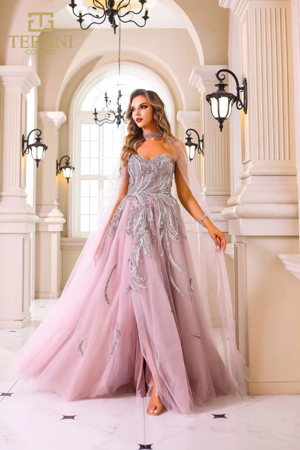 Terani 251M4410 beaded tulle ballgown with a cape overlay, perfect for formal evening occasions and Mother of the Bride or Groom.