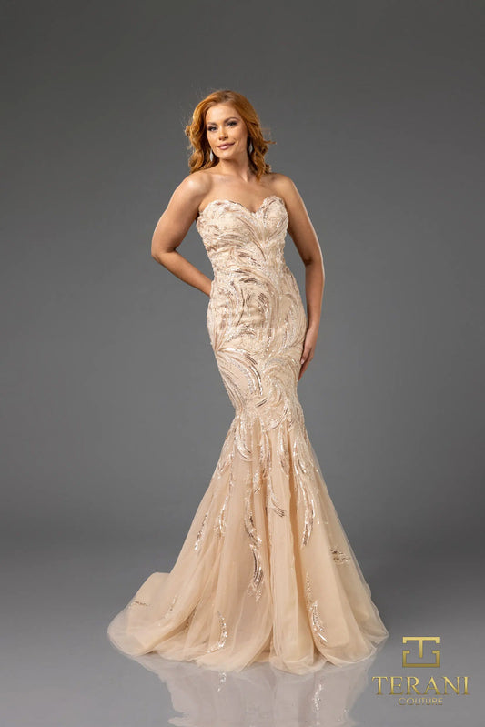 Terani 251P4388 Beaded Trumpet Gown with sweetheart neckline and intricate beadwork on tulle, designed for formal evenings and mother of the bride or groom.