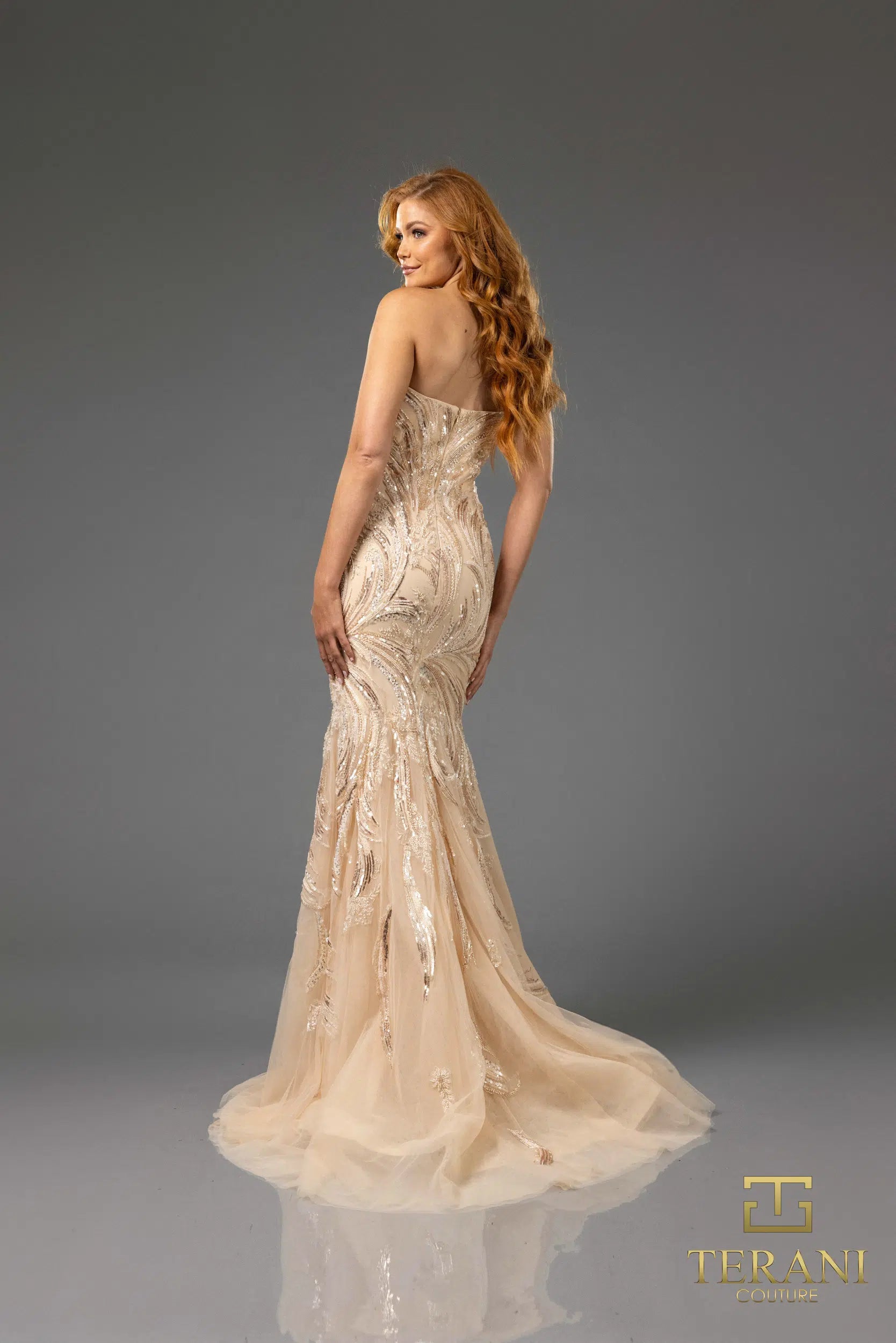 Terani 251P4388 Beaded Trumpet Gown with sweetheart neckline and intricate beadwork on tulle, designed for formal evenings and mother of the bride or groom.