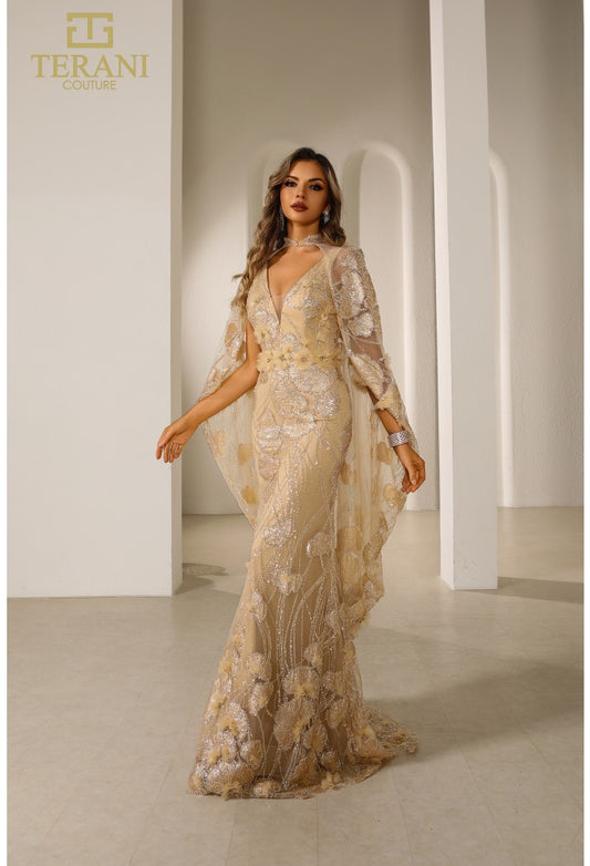 Terani Couture 251M4326 Lace Gown – A stunning fitted lace gown featuring an embellished sheer cape, intricate lace detailing, and a floor-length silhouette for a sophisticated look.